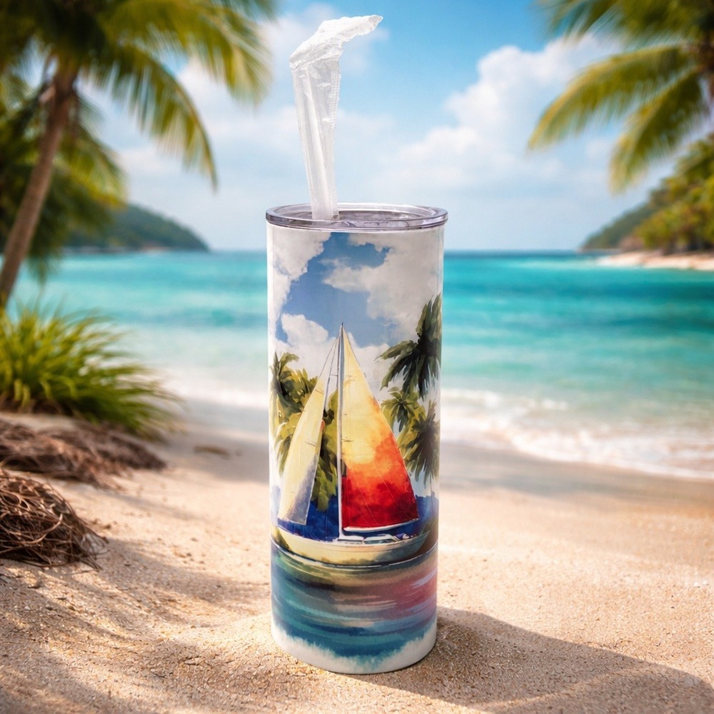 20 oz Tumbler with Picture of Sailboat New With Straw #0254